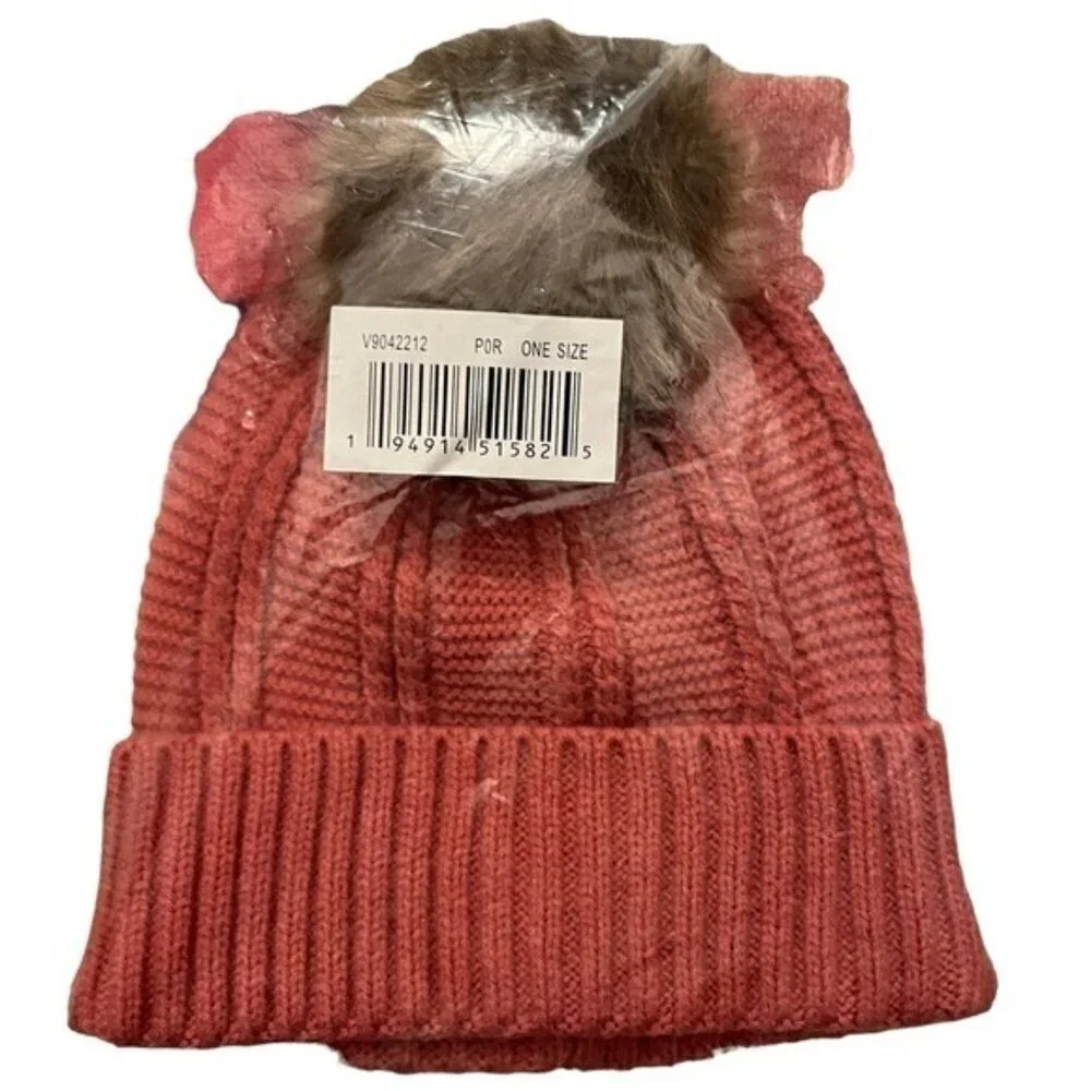Vince Camuto Beanie & Scarf Set O/S Pink Plaid Pattern Knit Acrylic Winter NWT
